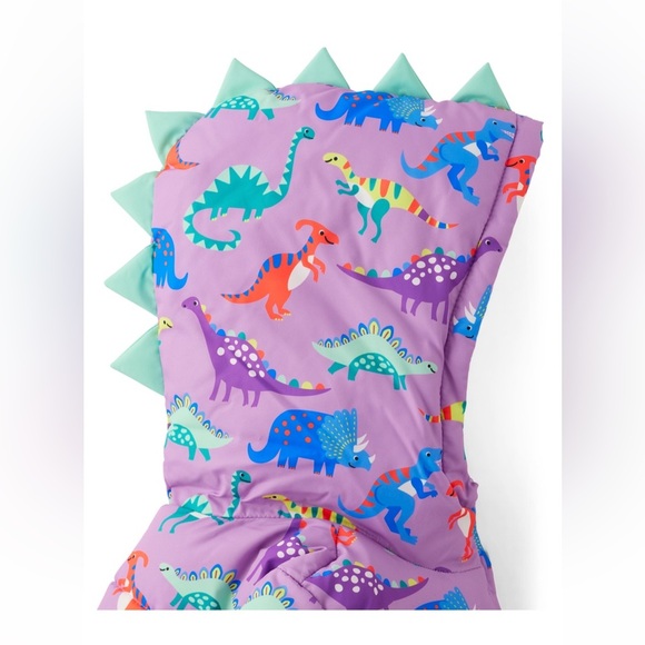 💜 Girls Dinosaur Puffer Jacket - Dino Friends - Violet twist FREE DINO TIGHTS - Picture 3 of 5